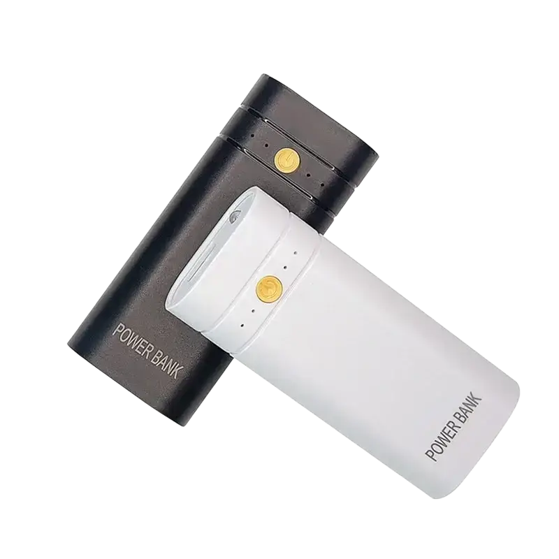 Black and white power bank box with gold circular buttons and gray power bank text for phone electronic charging 6000mah