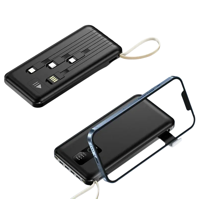Black rectangular power bank with built-in cables digital display multiple usb ports and wrist strap for charging devices compatible model