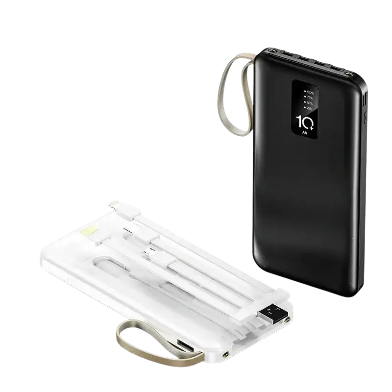 Black rectangular power bank with built-in cables digital display and wrist strap next to white carrying case with usb cables