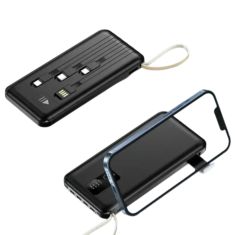 Black rectangular power bank with built-in cables digital display multiple usb ports and wrist strap for charging devices