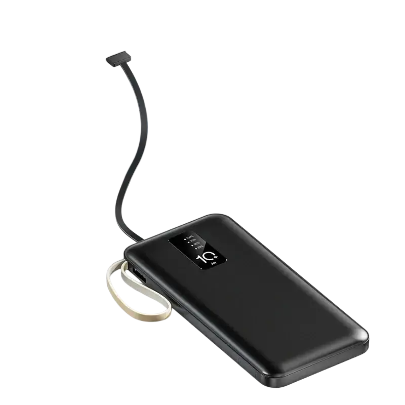 Black rectangular power bank with built-in cables digital display showing 10 percent battery and beige wrist strap