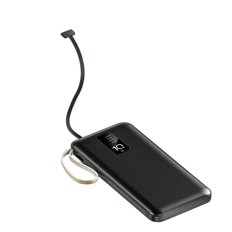 Black rectangular power bank with built-in cables, digital display at 10 battery level, and beige wrist strap for charging devices compatible model