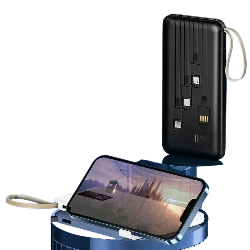 Black rugged power bank with built-in cables digital display multiple usb ports and wrist strap for charging devices compatible model