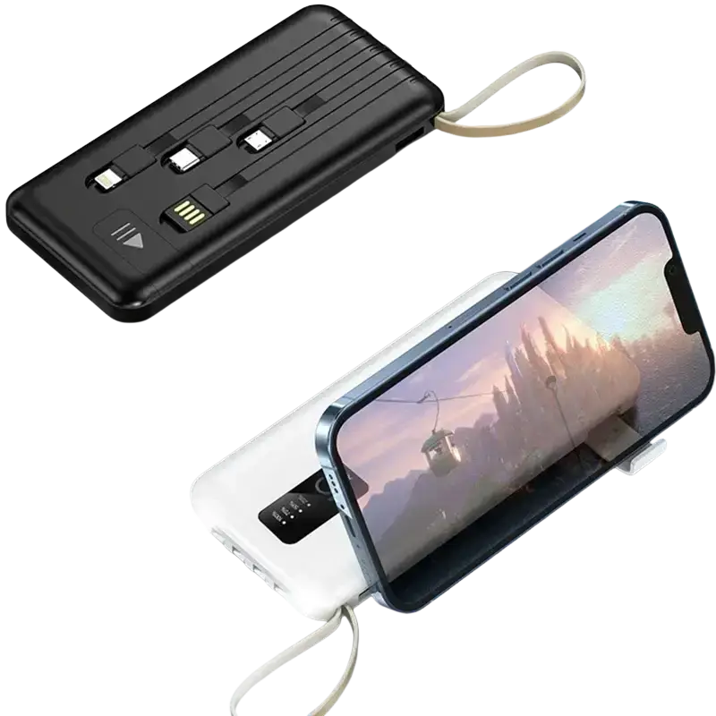 Black and white power bank with built-in cables digital display multiple usb ports and wrist straps for charging devices