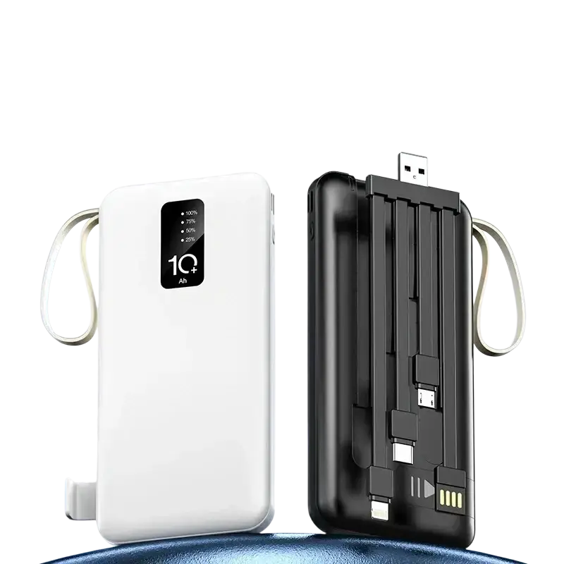 White and black power bank with built-in cables digital display and multiple USB ports for charging devices
