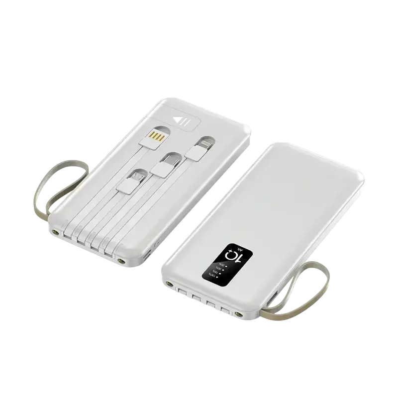 White portable power bank with built-in cables multiple charging ports and digital display for charging devices