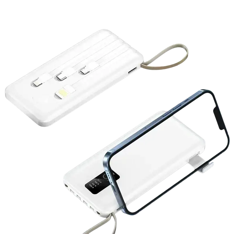 White portable power bank with built-in cables, digital display, multiple charging ports, and wrist strap for charging devices