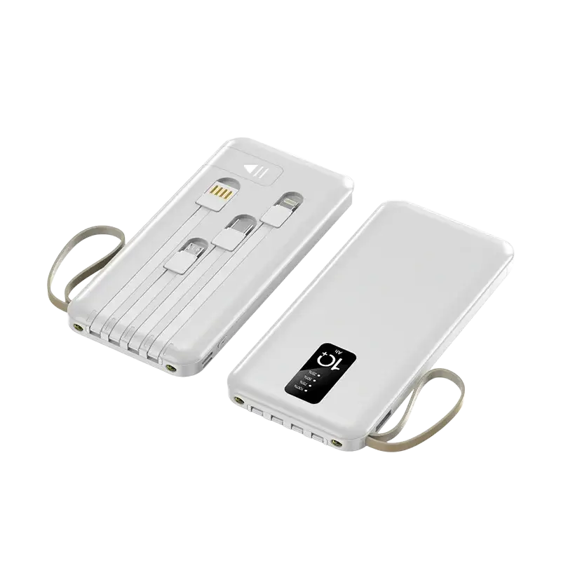 White rectangular power bank with built-in cables and digital display for charging devices compatible model