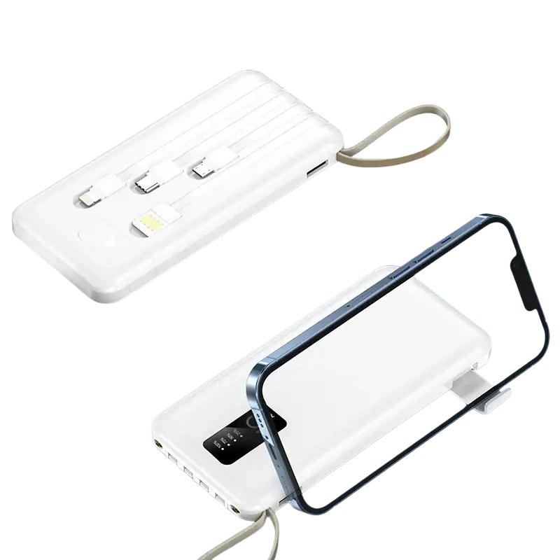 White rectangular power bank with built-in cables multiple usb ports and digital display for charging devices on the go