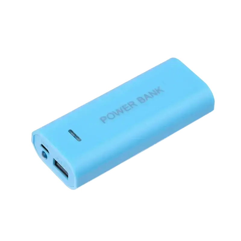 Light blue matte rectangular power bank case for 18650 batteries with engraved power bank text
