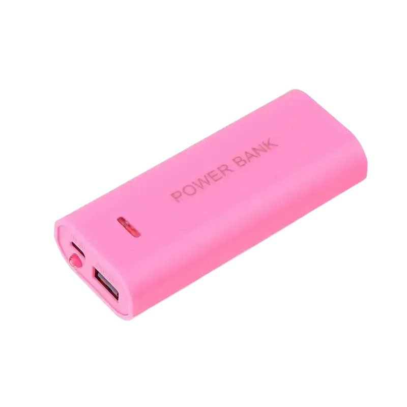 Pink rectangular power bank case for 18650 batteries with matte finish and embossed power bank text