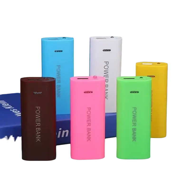 A set of colorful rectangular power bank cases for 18650 batteries in blue white pink green yellow and brown hues