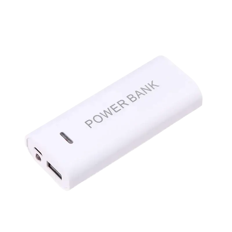 White rectangular power bank case for 18650 batteries with power bank text and USB port on the side