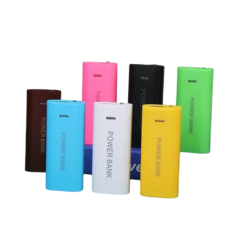 A collection of colorful power bank cases in blue white yellow pink green black and brown for 2-cell 18650 batteries
