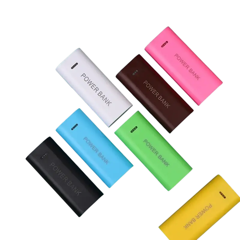A collection of colorful rectangular power bank cases for 2-cell 18650 batteries in white pink brown blue green black and yellow
