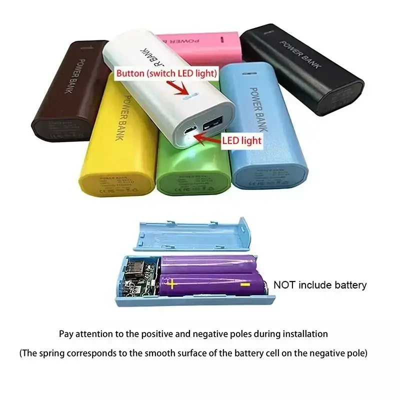 Power bank case for 2-cell 18650 batteries with white smooth plastic casing and integrated led light on the side