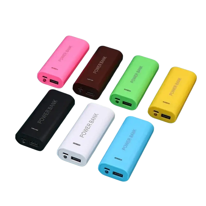 A set of colorful rectangular power bank cases for 2-cell 18650 batteries in pink brown green yellow black white and blue