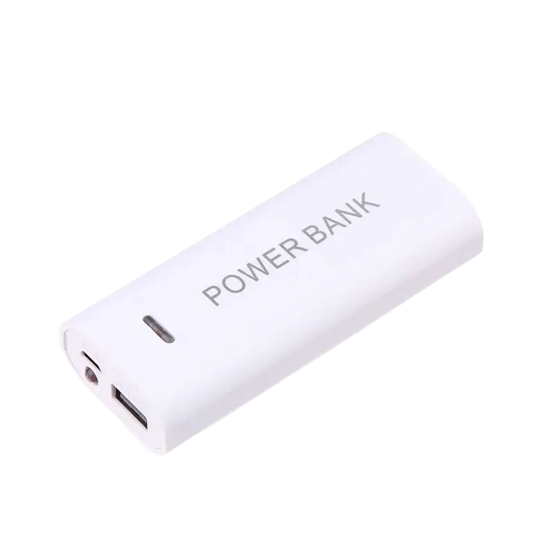 White rectangular power bank case for 2-cell 18650 batteries with minimalist design and engraved power bank text