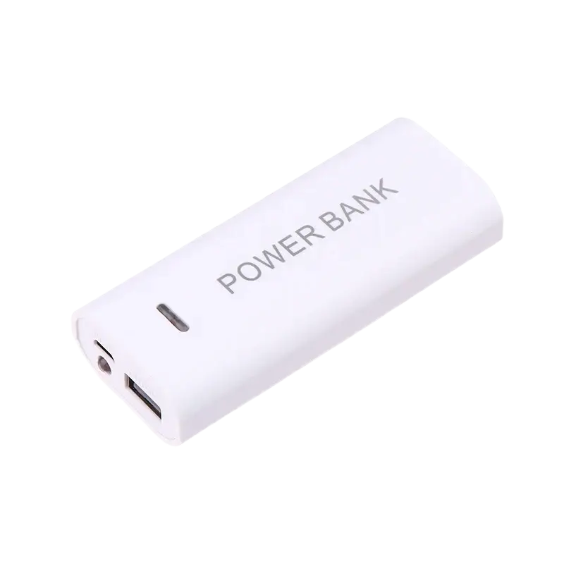 White rectangular power bank case for 2-cell 18650 batteries with smooth plastic finish and power bank lettering
