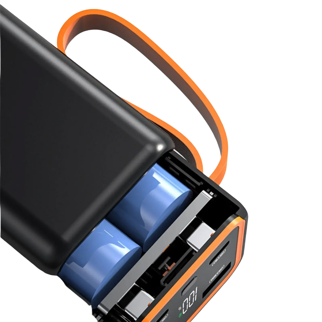 Black and orange power bank case with visible blue 21700 batteries and lcd display for fast charging bank case