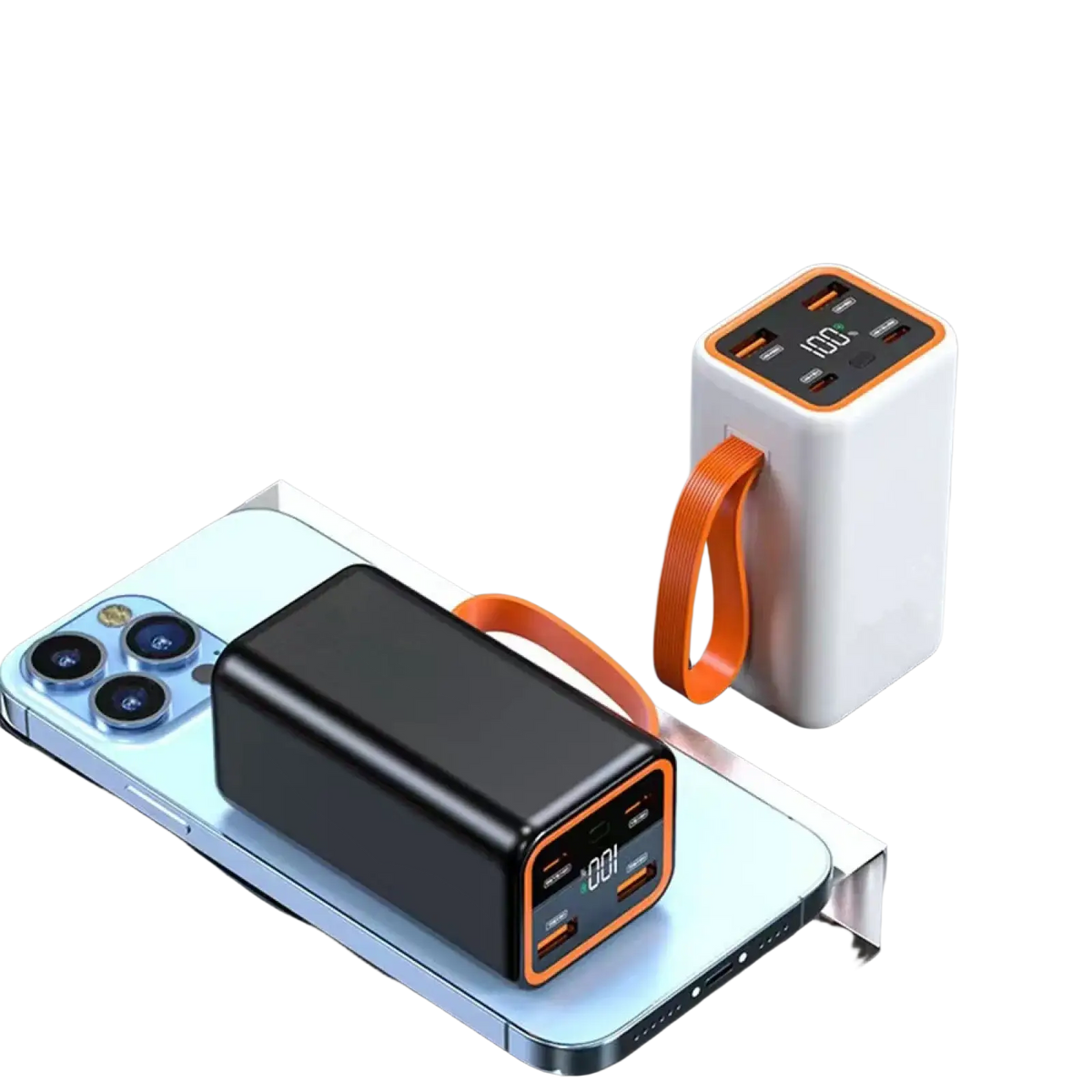 Black and white power bank case with orange accents, lcd display, multiple usb ports, carrying handle, fast charge for 4x 21700 batteries