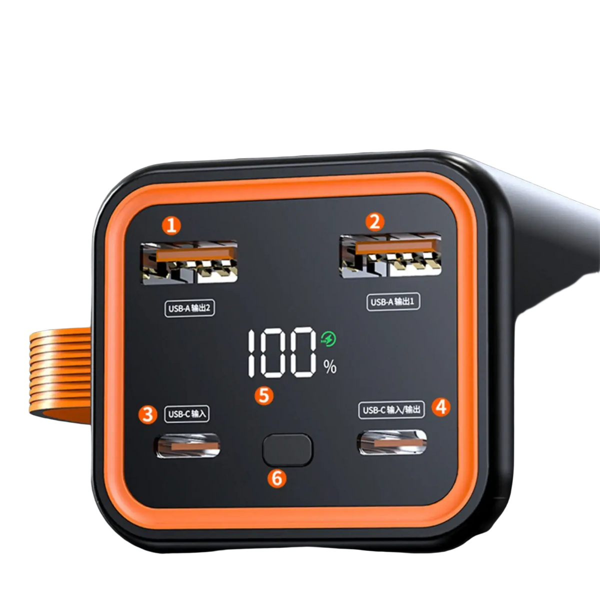 Black and orange power bank case for 4x 21700 batteries with fast charge 5v2a and lcd display showing 100% battery