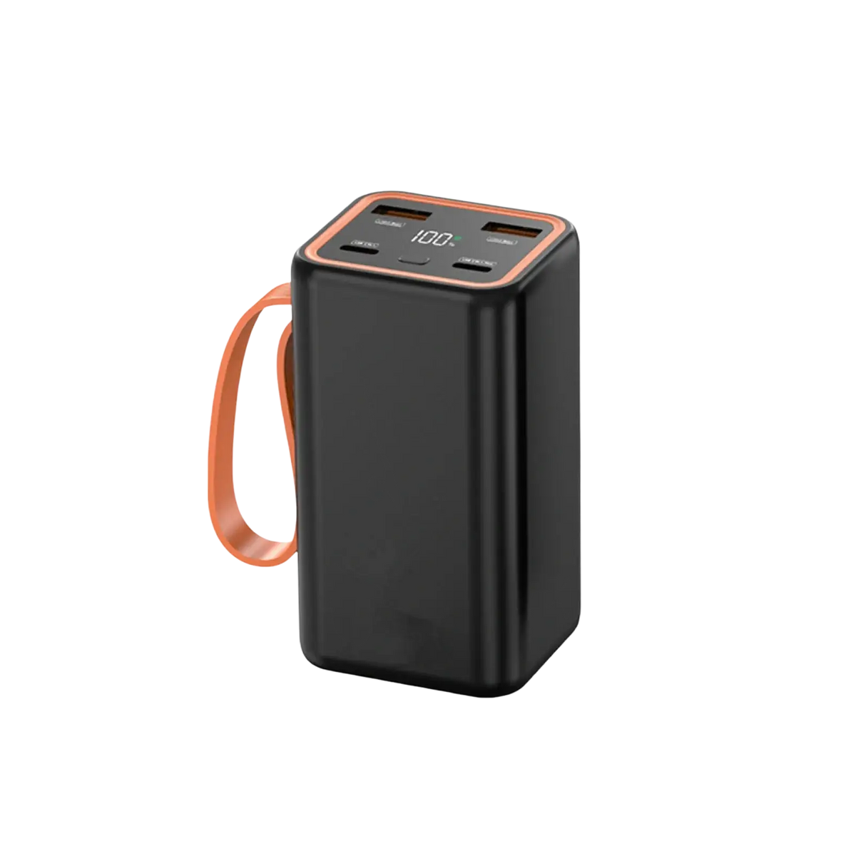 Black rectangular power bank case with orange accents and strap for 4x 21700 batteries fast charge lcd display