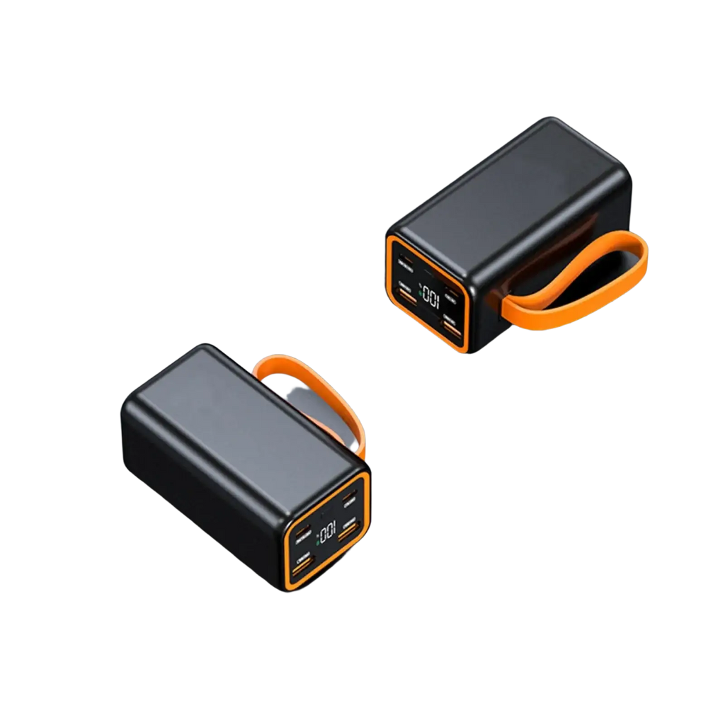 Black power bank case for 4x 21700 batteries with orange accents and fast charge lcd display