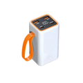 White portable power bank case for 4x 21700 batteries with fast charge lcd display and orange carrying loop showing 100%
