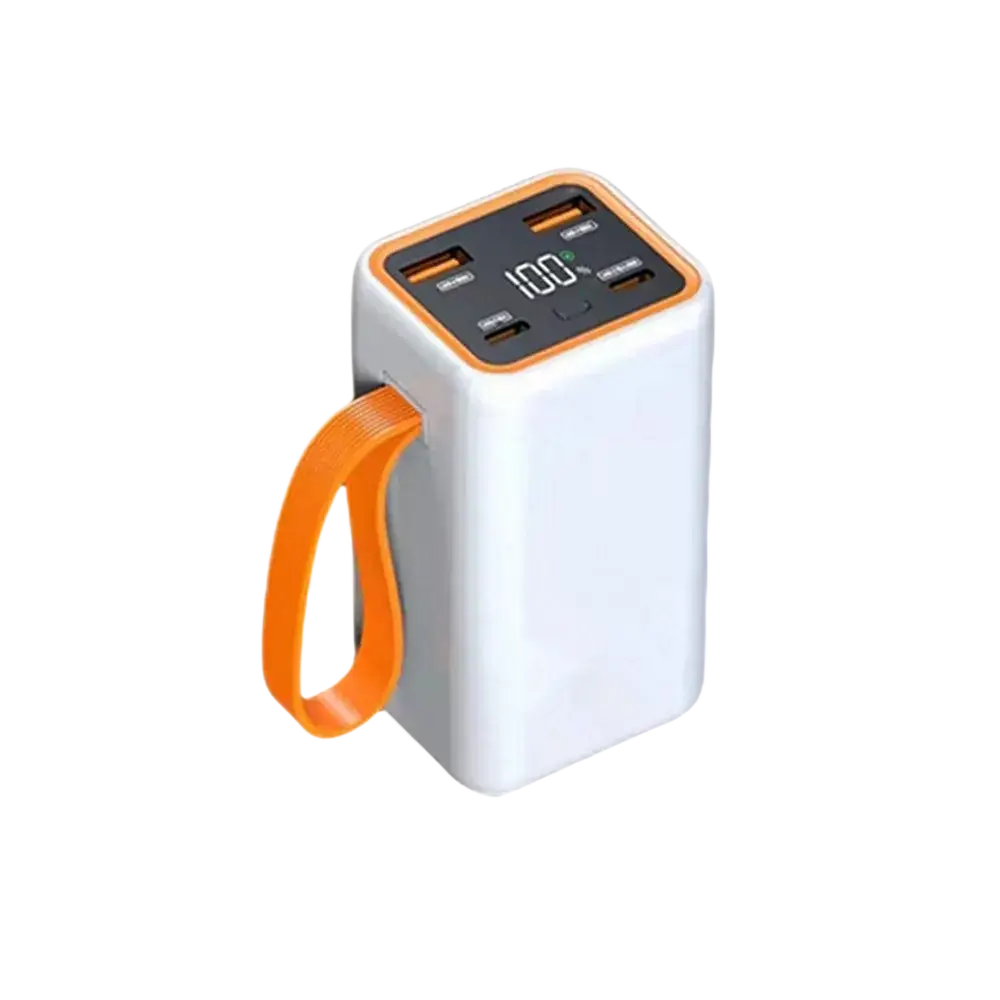 White portable power bank case for 4x 21700 batteries with fast charge lcd display and orange carrying loop showing 100%