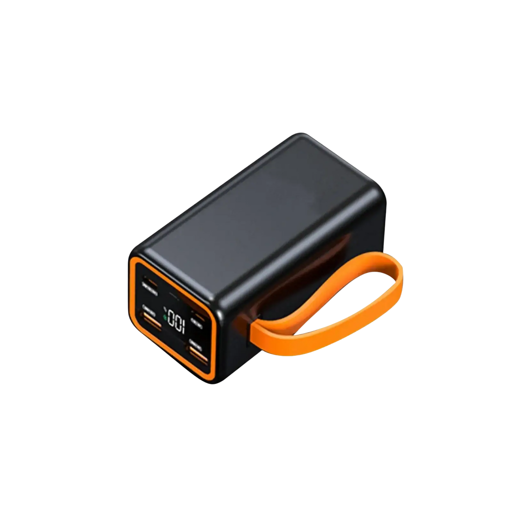 Black rectangular power bank case for 4x 21700 batteries with lcd display usb ports orange accents and 5v2a output