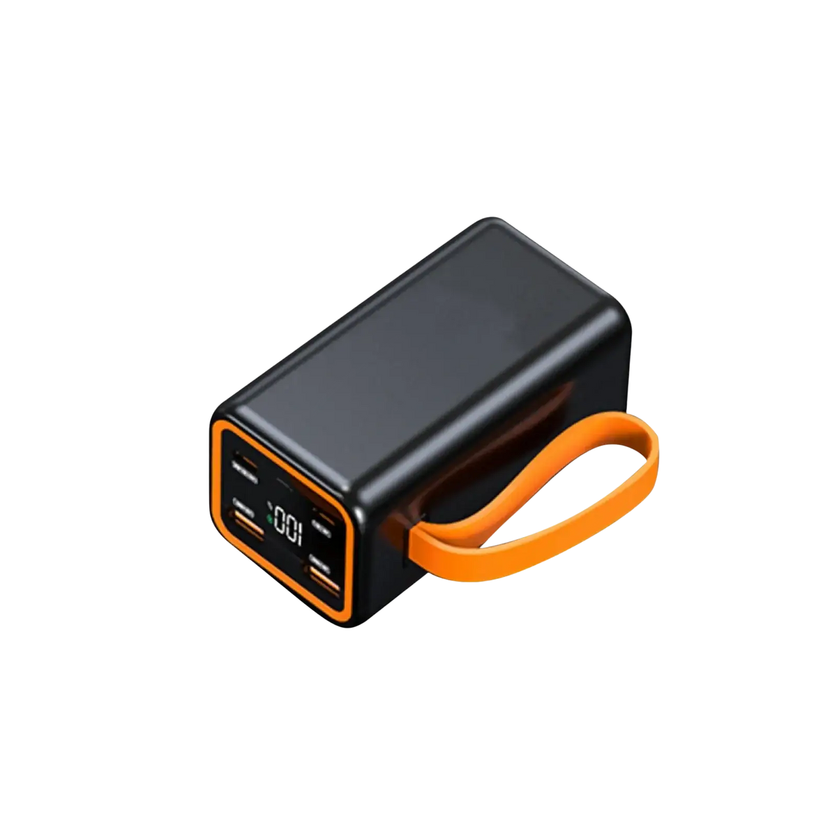 Black rectangular power bank case for 4x 21700 batteries with lcd display usb ports orange accents and 5v2a output
