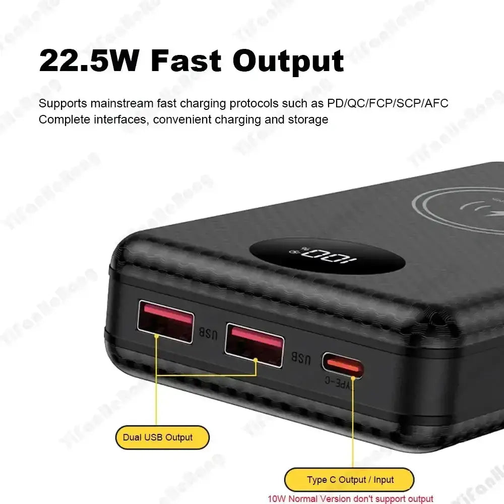 Black carbon fiber textured power bank case for 6 18650 batteries with 22.5w fast charging and wireless pad