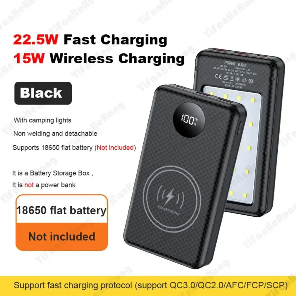 Black rectangular power bank case with textured surface and circular battery indicator for fast charging 6 18650 batteries