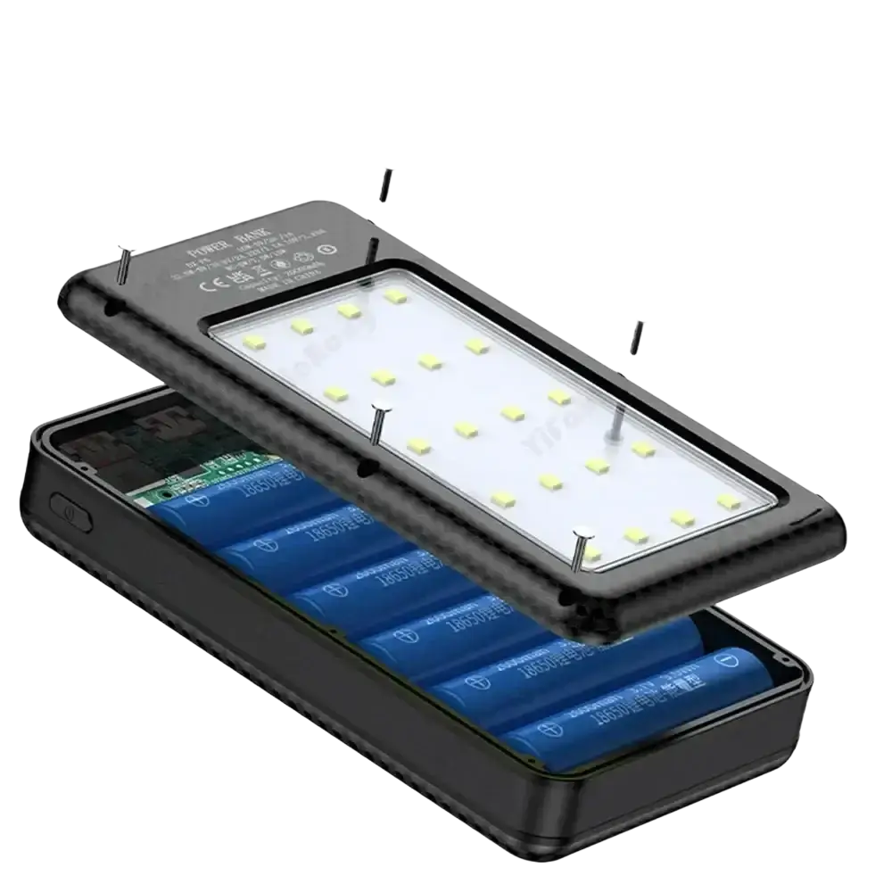 Black rectangular power bank case with fast charging led light grid in carbon fiber casing housing 6 blue 18650 batteries