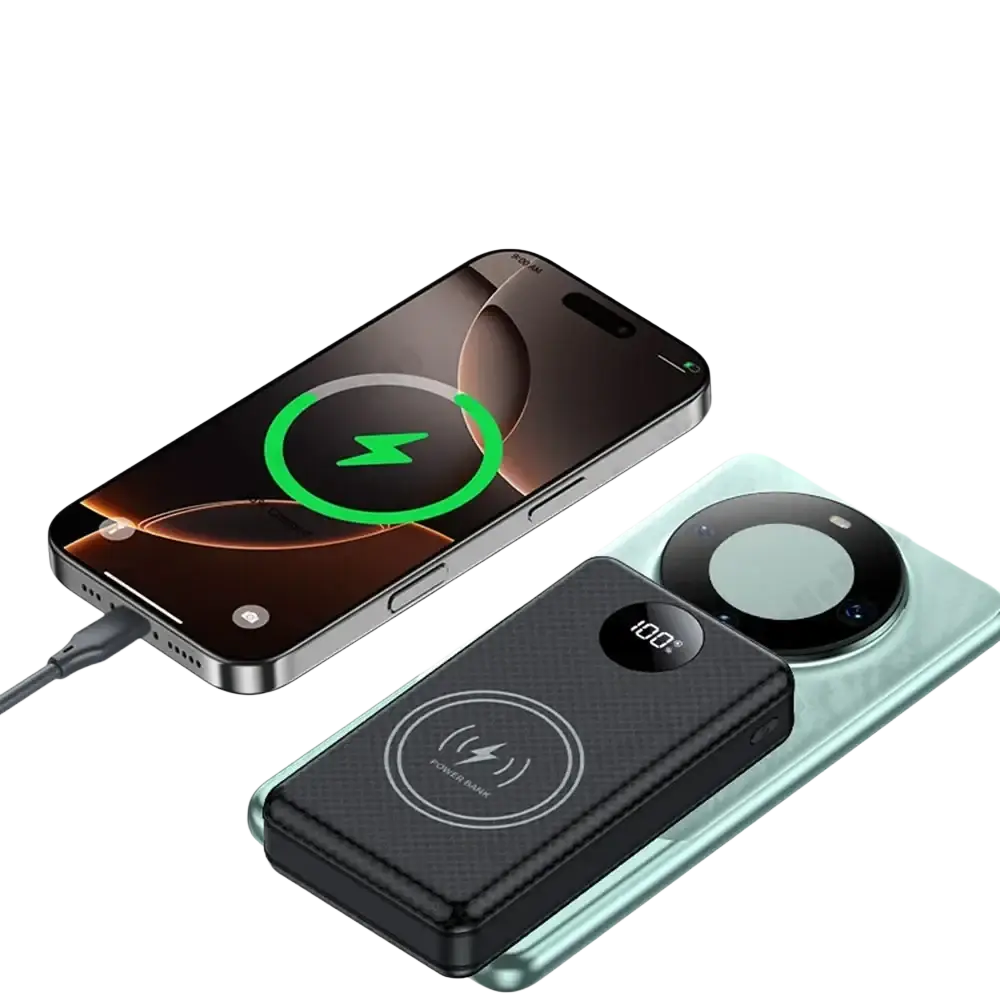Black textured power bank case for 6 18650 batteries with 22.5w fast wired and 15w wireless charging capabilities
