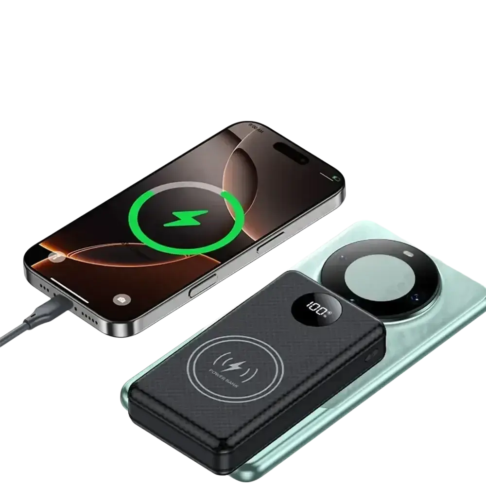 Black textured power bank case for 6 18650 batteries with fast charging and 100 percent digital screen display