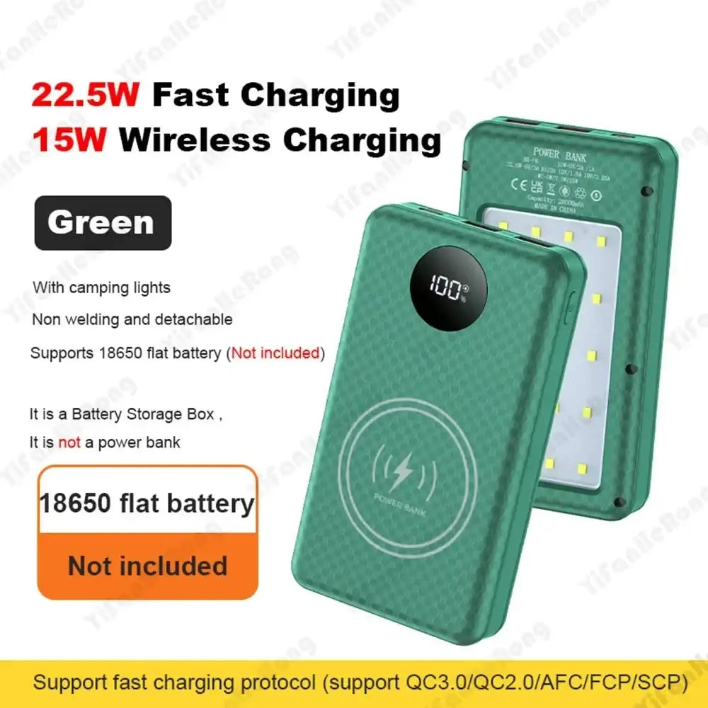 Green rectangular power bank case with textured surface, digital display, wireless charging pad, fast charging for 6 18650 batteries