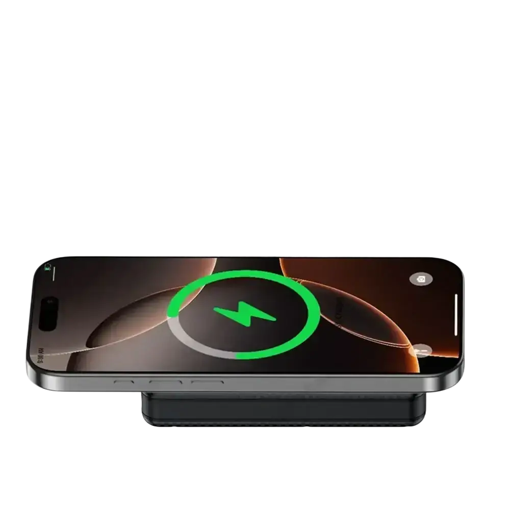 A sleek black power bank case for 6 18650 batteries with fast charging and a wireless charging pad for iphone