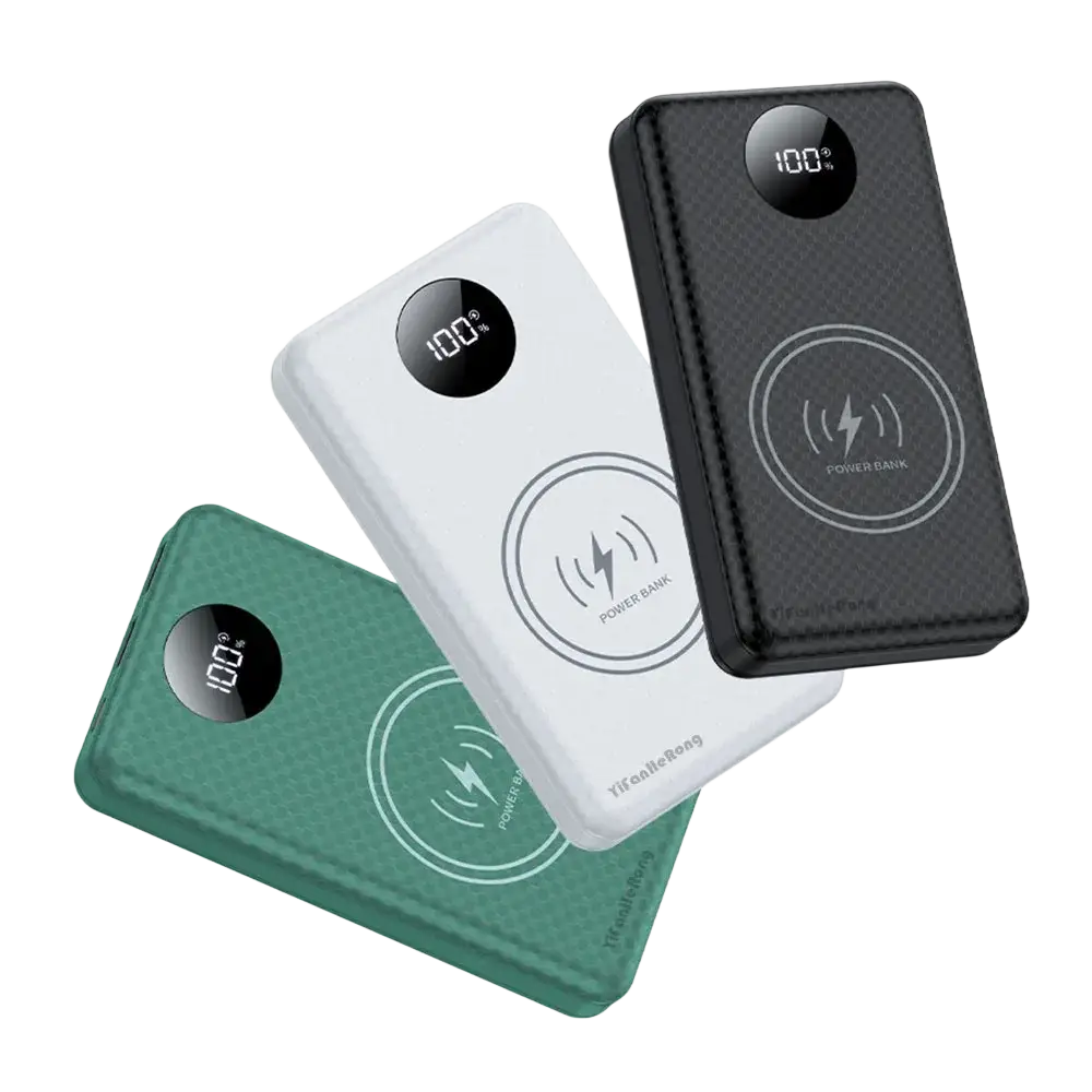 Three power bank cases for 6 18650 batteries in white black and green with textured surfaces and digital fast charging displays
