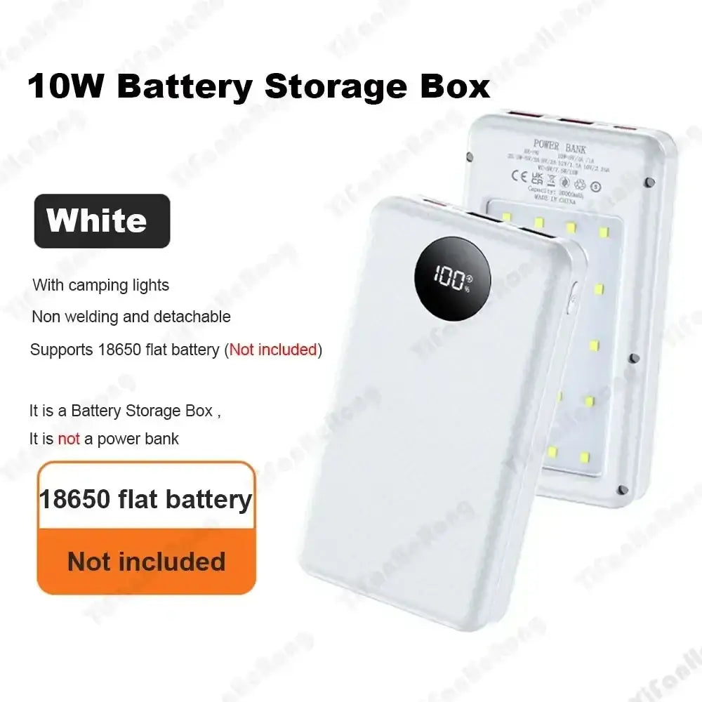 White 10w power bank case for 6 18650 batteries with fast charging and digital display showing 100 percent charge