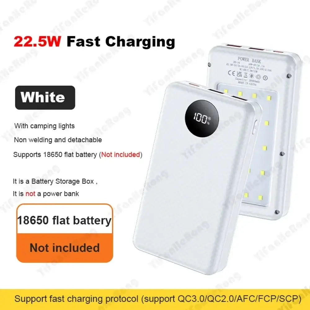 White rectangular power bank case for 6 18650 batteries with fast charging and digital display showing 100 percent charge