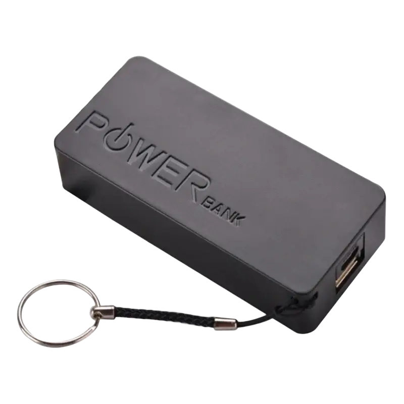 Black rectangular power bank diy 18650 battery case with keychain attached for portable charging convenience