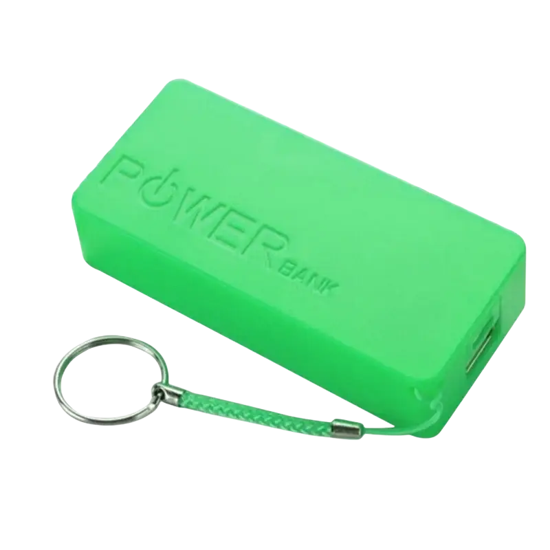 Bright green rectangular power bank diy 18650 battery case with keychain attachment for portable charging