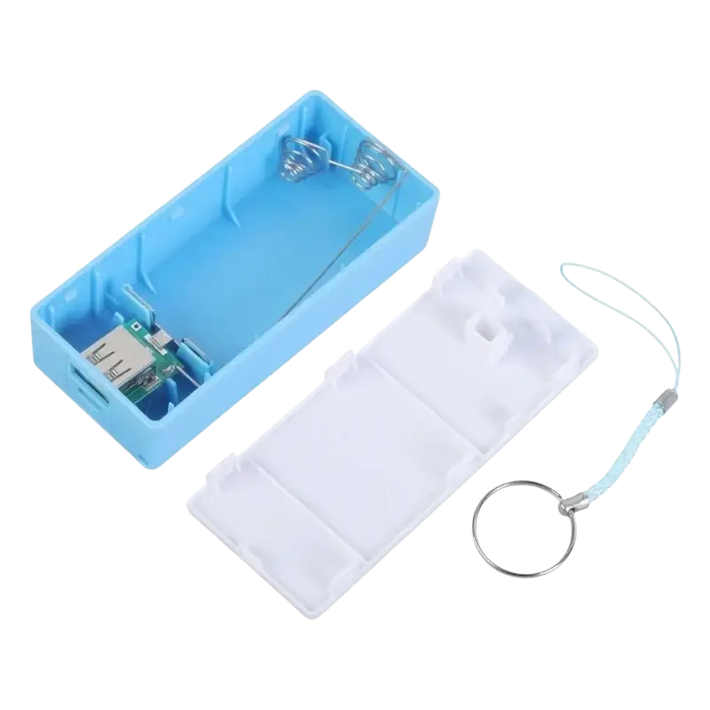 Light blue plastic power bank diy 18650 battery case with white lid and keychain for portable charging