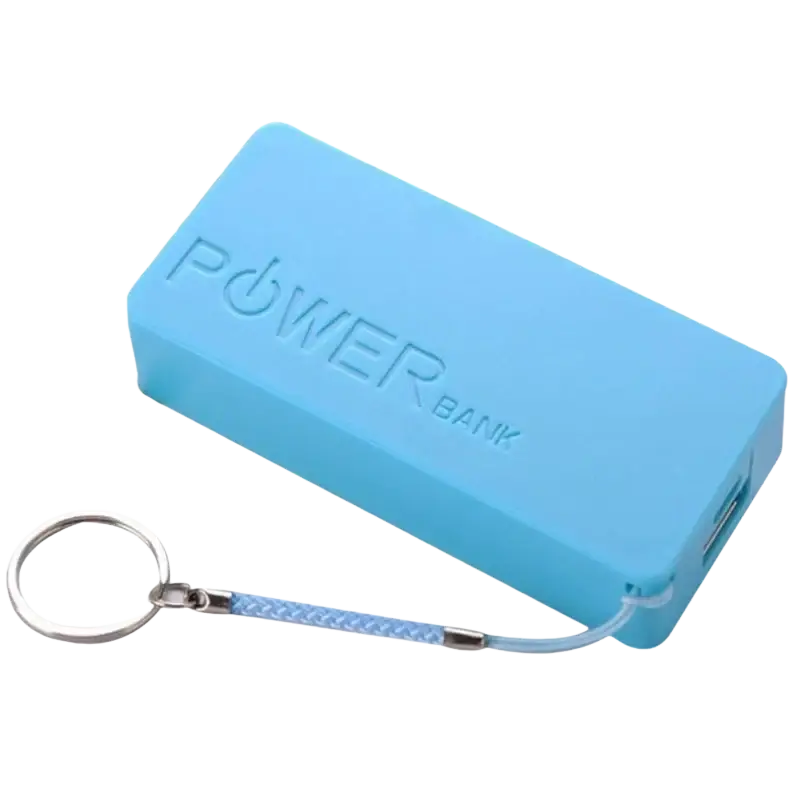 Light blue rectangular power bank diy 18650 battery case with keychain attached for portable charging convenience