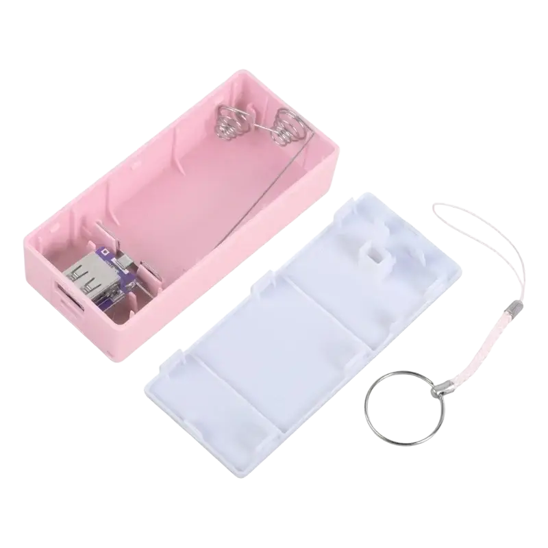 Pink plastic power bank diy 18650 battery case with white lid and keychain for portable charging