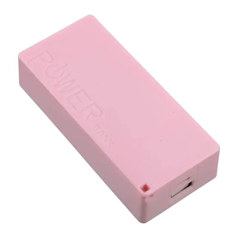 Pink rectangular power bank diy 18650 battery case with keychain featuring embossed power bank text and visible usb port