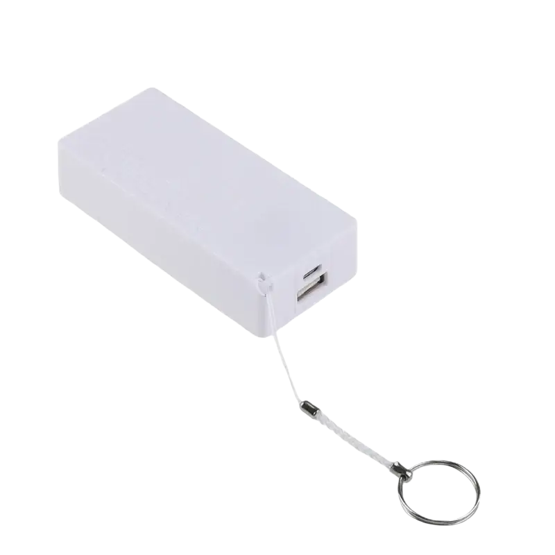 White rectangular power bank diy 18650 battery case with keychain attachment for portable charging