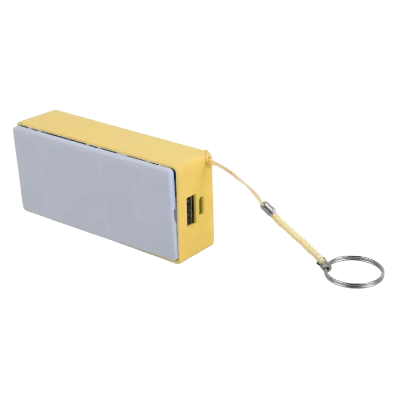 Yellow and gray rectangular power bank diy 18650 battery case with keychain attachment for portable charging